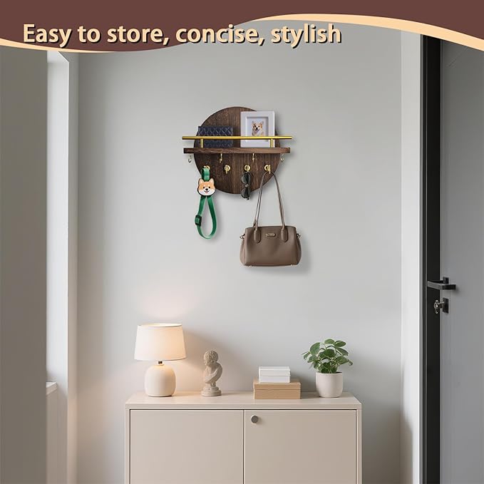 Key Holder Wall Mount with Shelf and Hooks, 11.8 Inch Entryway Gold Key Rack Hanger, Rustic Key Holder for Wall Decor