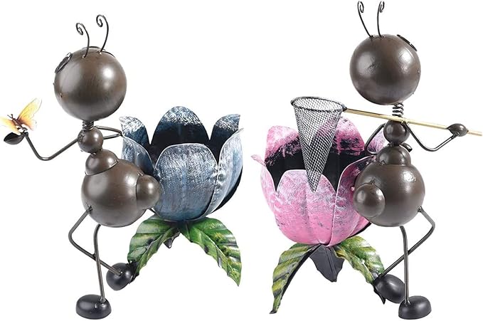 Sungmor 15" Tall Ants Planter, 2PC Pink & Blue Pack, Lovely Ant Statue Metal Flowerpots, Vintage Color Painted Lifelike Decorative Garden Pots, Adorable Animal Plant Pots, Planters for Outdoor Plants