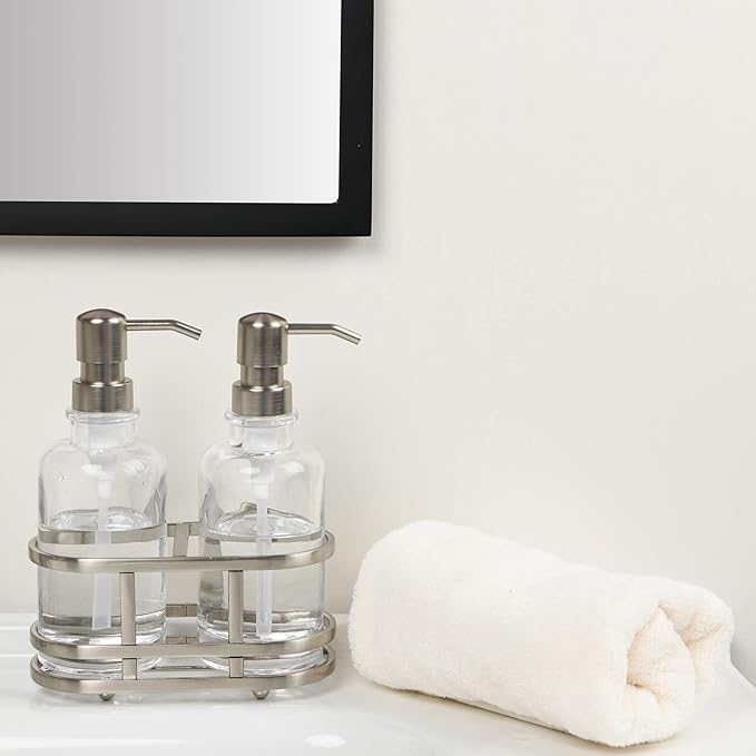 3 Piece Round Heavy Weight Glass Soap Lotion Pump Dispenser Set with Metal Caddy for Home Bath Kitchen Travel Office Hand Crafted Metal Tray Nickel