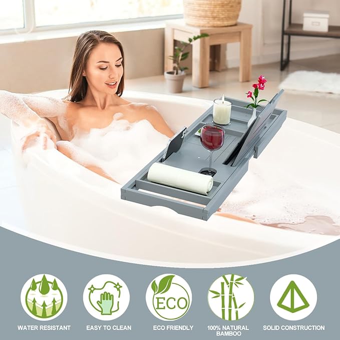 Premium Bamboo Bathtub Caddy Tray - Bath Tray - Bath Tub Tray Table for Bathtub - Bath Caddy Tray for Bathtub, Expandable Size, Fits Most Bath Tubs - Grey
