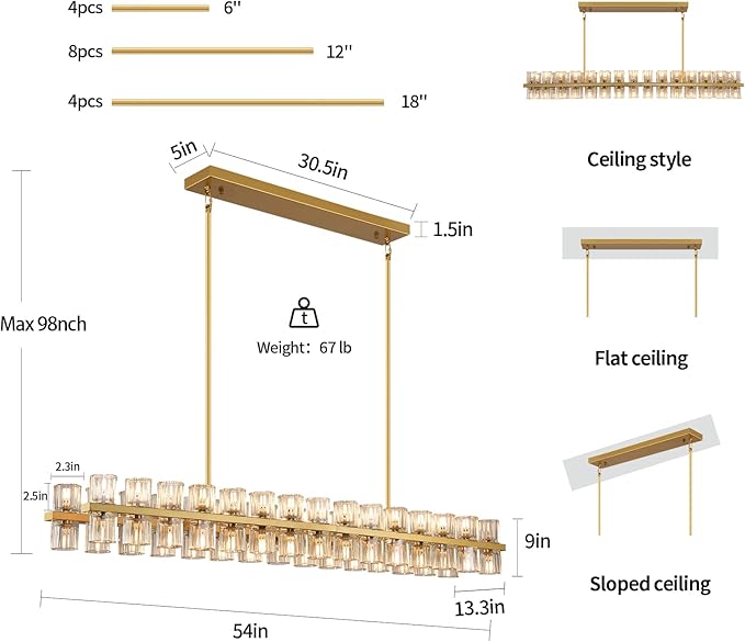 Crystal Gold Rectangular Chandelier for Dining Room,54in Dining Chandeliers Over Table,Modern Chandelier for Dining Room,Arcachon Chandelier Kitchen Island Chandeliers,Includes 60XG4 Bulbs