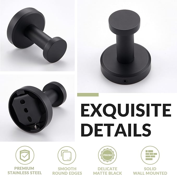 APLusee Matte Black Robe Towel Hook, 304 Stainless Steel Round Coat Hook for Home Storage, Wall Mount