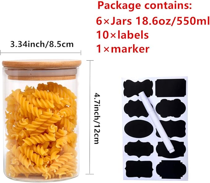 6 Piece Glass Storage Jars Set with Airtight Bamboo Lids and Labels,18.6oz/550ml Glass Spice Jars Food Storage Containers for Home Kitchen,Pantry, Tea, Sugar, Salt, Coffee, Flour, Herbs, Grains