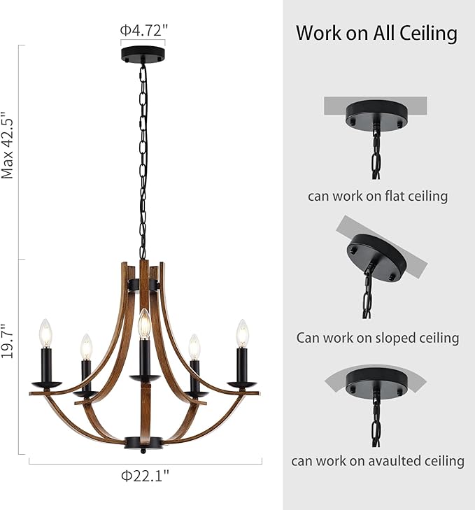 22“ Farmhouse Wooden Chandelier Modern Vintage 5-Lights Candle Style Chandeliers with Wood Finish Metal Industrial Retro Rustic Black Chandelier for Dining Room, Kitchen, Living Room, E12