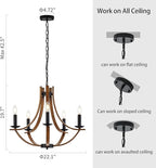 22“ Farmhouse Wooden Chandelier Modern Vintage 5-Lights Candle Style Chandeliers with Wood Finish Metal Industrial Retro Rustic Black Chandelier for Dining Room, Kitchen, Living Room, E12