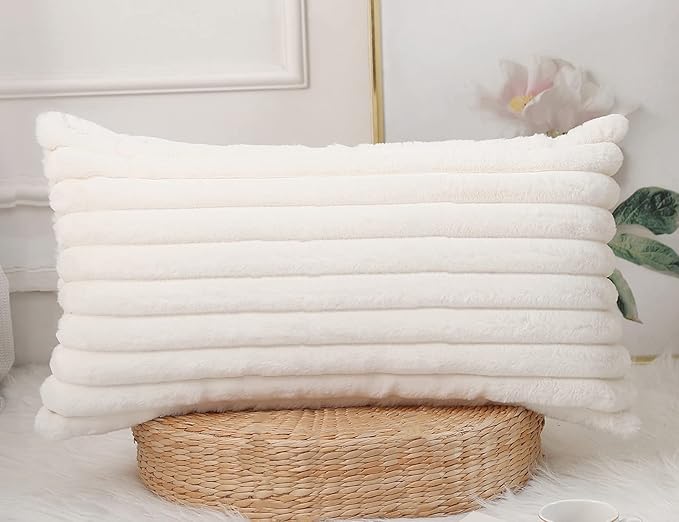PANOD Faux Fur Decorative Lumbar Throw Pillow Covers 14 x 26,Long Boho Lumbar Pillow Covers Pillow Case Cushion Case for Couch Bed Sofa Farmhouse Livingroom,White
