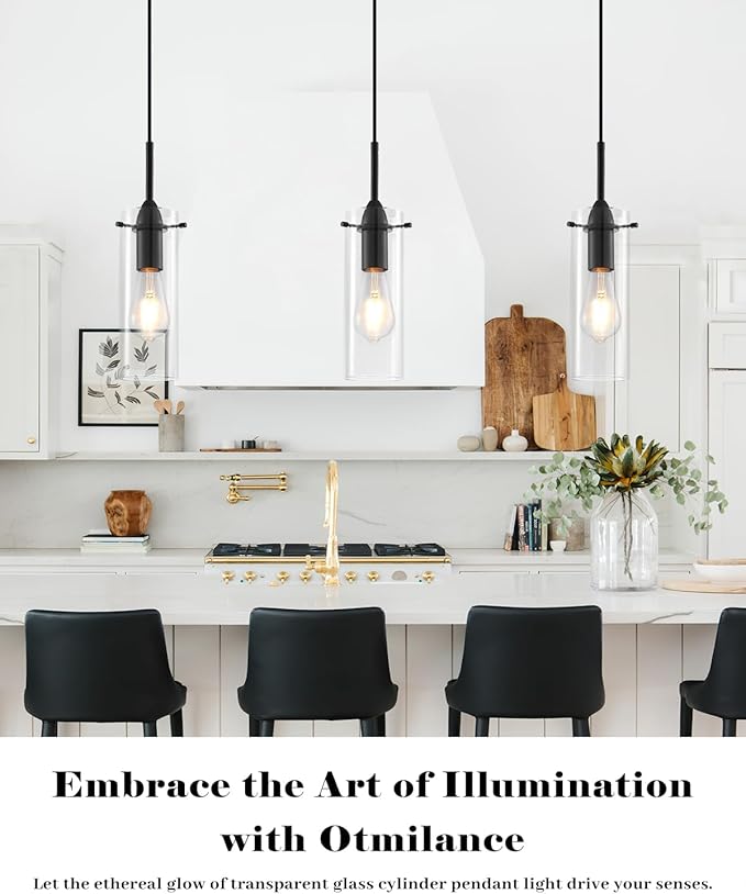 Glass Pendant Lights Kitchen Island 1 Packs, Black Pendant Light, Modern Clear Glass Pendant Light Fixture, Pendant Lights for Kitchen Island, Bedroom, Living Room, Bathroom
