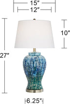 Possini Euro Design Antique Asian Style Temple Jar 3-Way Table Lamps with Table Top Dimmer Handmade 27" Tall Teal Color Ceramic White Fabric Empire Shades for Living Room Bedroom House (Colors May