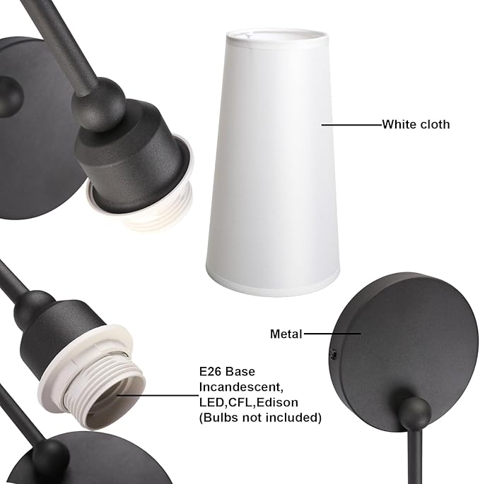 Yosoan White Fabric Shade Wall Sconce Set of 2, Vintage Industrial Hardwired Boho Wall Mounted with Long Cone Cloth Shade for Bedroom Living Room Mirror Aged Vanity(Black)