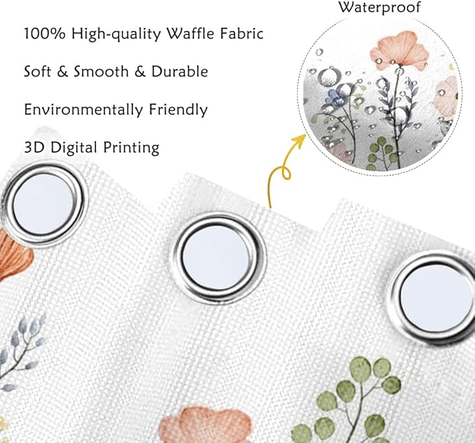 Flower Waffle Shower Curtain Leaves Fabric Bath Curtain, Floral Plants Long Shower Curtains for Bathroom Natural Curtain Waterproof with Hooks for Kids Bathroom Home Hotel Decor 72x72 inch
