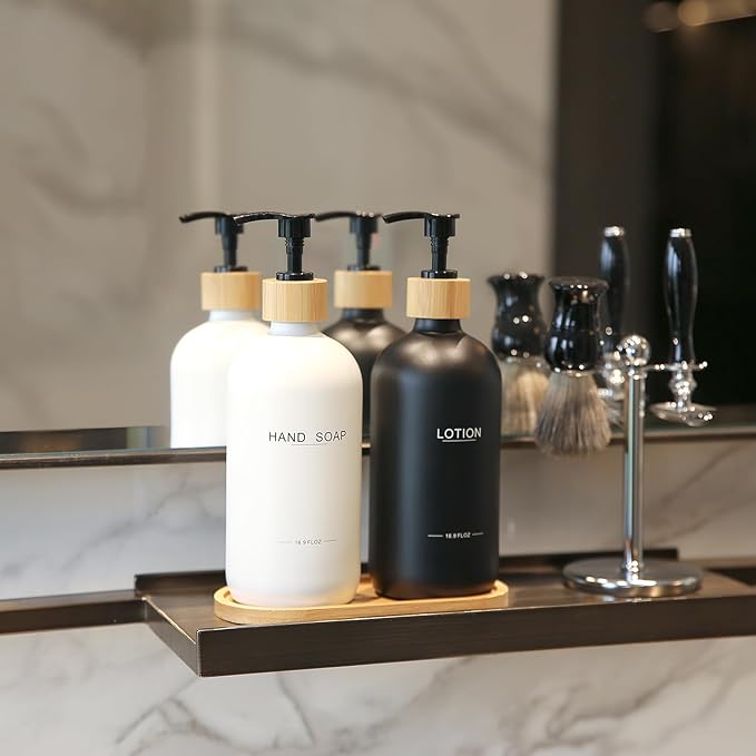 Black and White Soap Dispenser Bathroom Set with Hand Soap Dispenser and Lotion Dispenser, Bamboo Pumps & Tray Suitable for Bathroom Counter Decor. (White&Black)