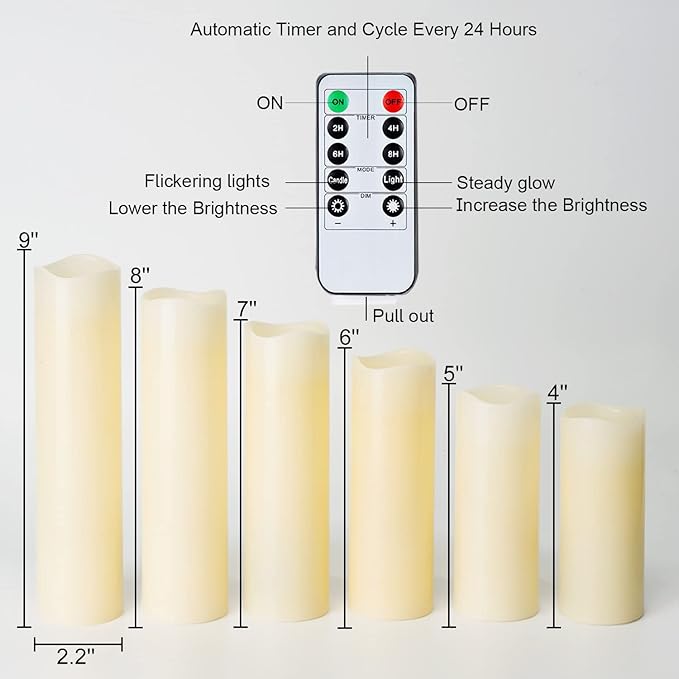 Homemory Ivory LED Pillar Candles - Battery Operated Candle, Real Wax Flameless Candles, 4-9" Set of 9, Unscented, Remote & Timer