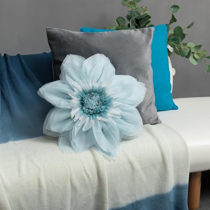 Cute Blue Flower Pillow Decorative Round Throw Pillows Handmade 3D Floral Accent Pillowcases Soft Elegant Cushion for Bed Couch Chair Car Bedroom Living Room Home Decor Unique Gifts 12 Inch