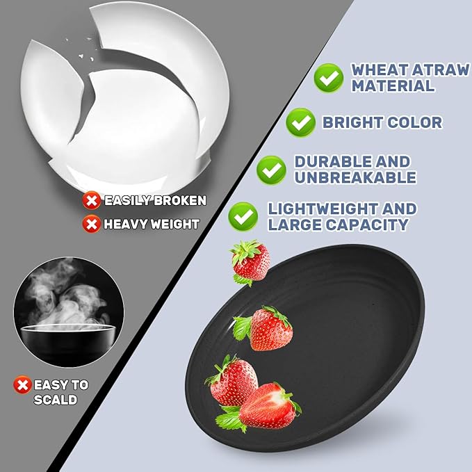 Wheat Straw Dinnerware Sets for 6 (42pcs), SGAOFIEE Unbreakable Dinnerware Set, Kitchen Plates and Bowls Set, Unbreakable Plastic Outdoor Camping Dishes, Dishwasher Microwave Safe, Black