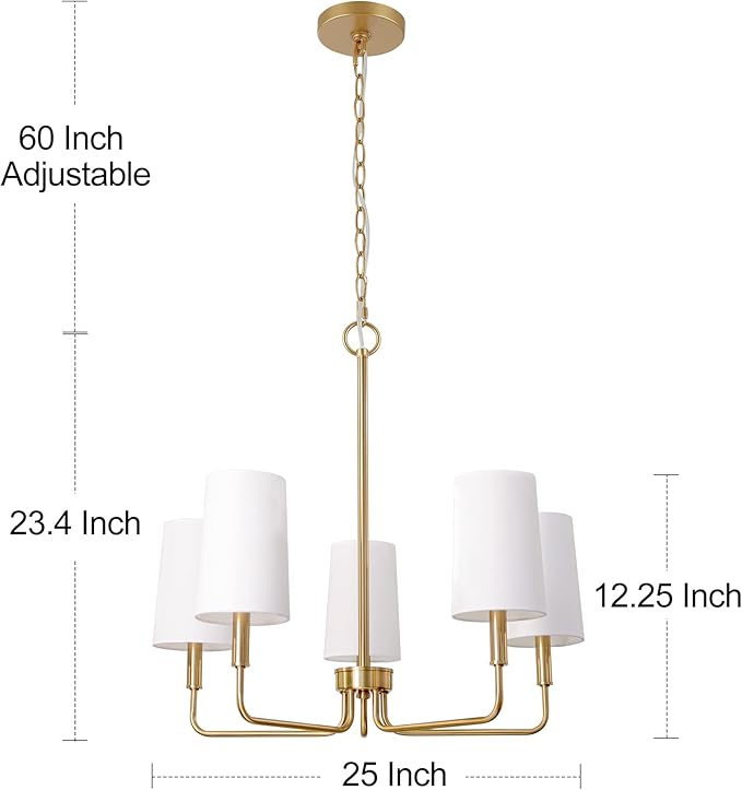 Chandelier, Brushed Brass with White Fabric Shade, Farmhouse Linear Island Lighting Fixture for Kitchen, Dining Room (5-Light Brass Gold with Fabric Shades)