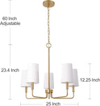 Chandelier, Brushed Brass with White Fabric Shade, Farmhouse Linear Island Lighting Fixture for Kitchen, Dining Room (5-Light Brass Gold with Fabric Shades)