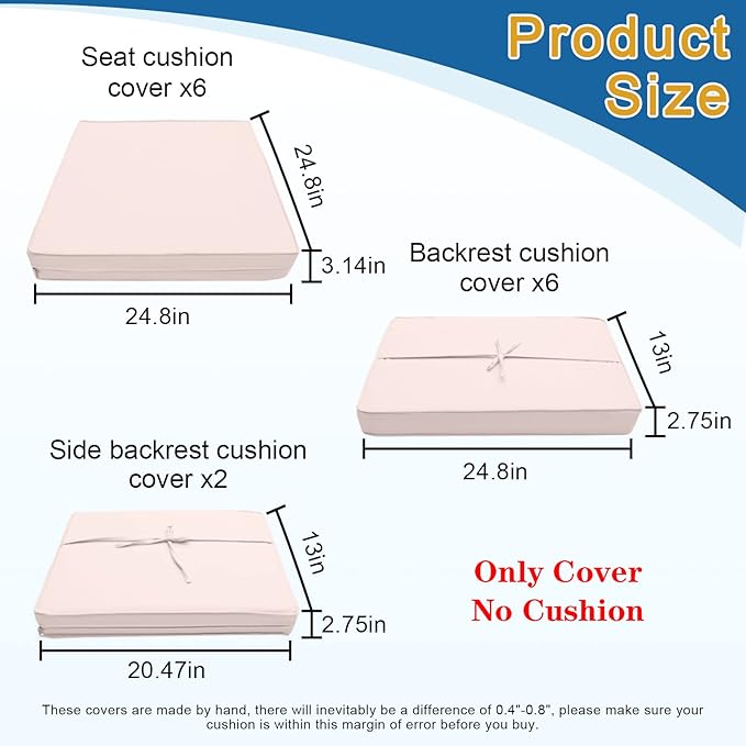 14 PCs Patio Cushion Covers for 7 PCs Outdoor Furniture Sectional Seating Sets Water Resistant Plus 2 Throw Pillows (Khaki, 24.8(L)*24.8(W)*3.14(T) inches)