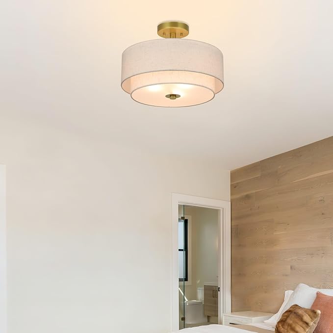 XiNBEi Lighting 3 Light Semi Flush Mount Light, Close to Ceiling Light Fixture with Fabric Shade Retro Gold Brass 16 inch Semi Flush Drum Light for Bedroom & Living Room XB-SF1289-GB