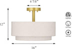 XiNBEi Lighting 3 Light Semi Flush Mount Light, Close to Ceiling Light Fixture with Fabric Shade Retro Gold Brass 16 inch Semi Flush Drum Light for Bedroom & Living Room XB-SF1289-GB
