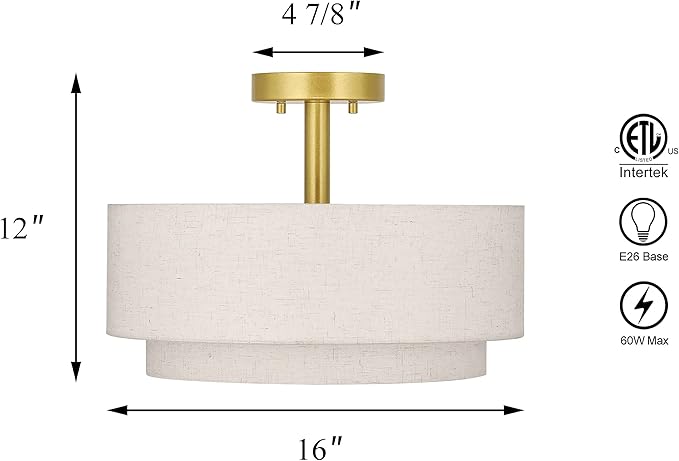 XiNBEi Lighting 3 Light Semi Flush Mount Light, Close to Ceiling Light Fixture with Fabric Shade Retro Gold Brass 16 inch Semi Flush Drum Light for Bedroom & Living Room XB-SF1289-GB