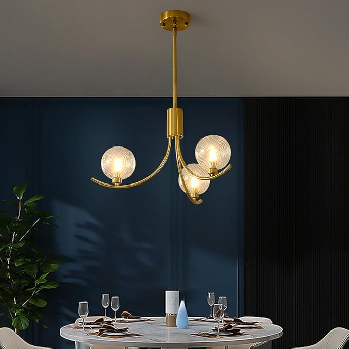 Gold Modern Chandelier with 3 Glass Globe Bulbs - Adjustable Height & Colour Temperature, Gilded lamp Post, Elegant Lighting for Living Room, Bedroom or Study