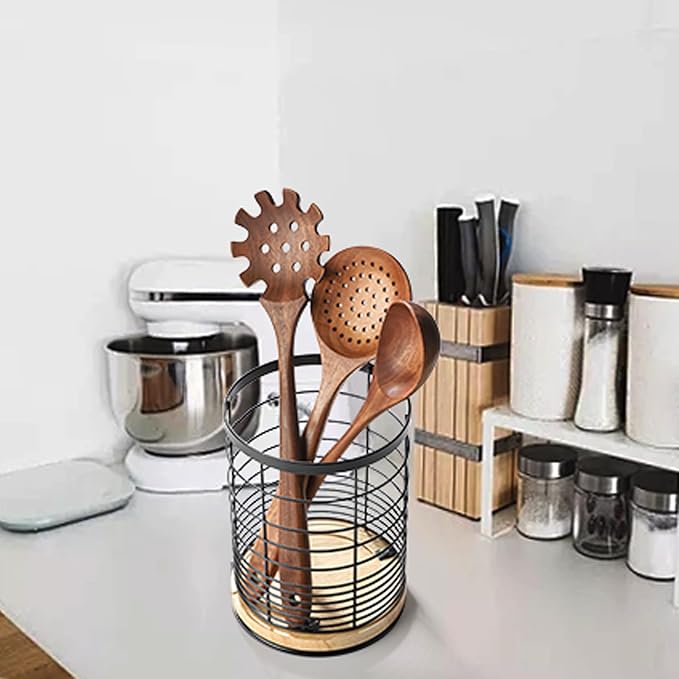 Utensil Holder for Kitchen Rotating Utensil Crock for Countertop, Cooking Utensil Organizer for Spatula with Rotatable Wooden Base