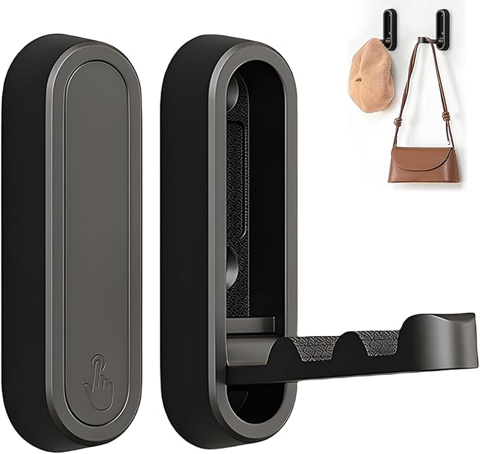 2Pcs Foldable Wall Hooks, Zinc Alloy Folding Hook Black, Heavy Duty Folding Coat Hooks Wall Mounted for Hanging Coat Towels Bags Keys (Black, 2 Pack)