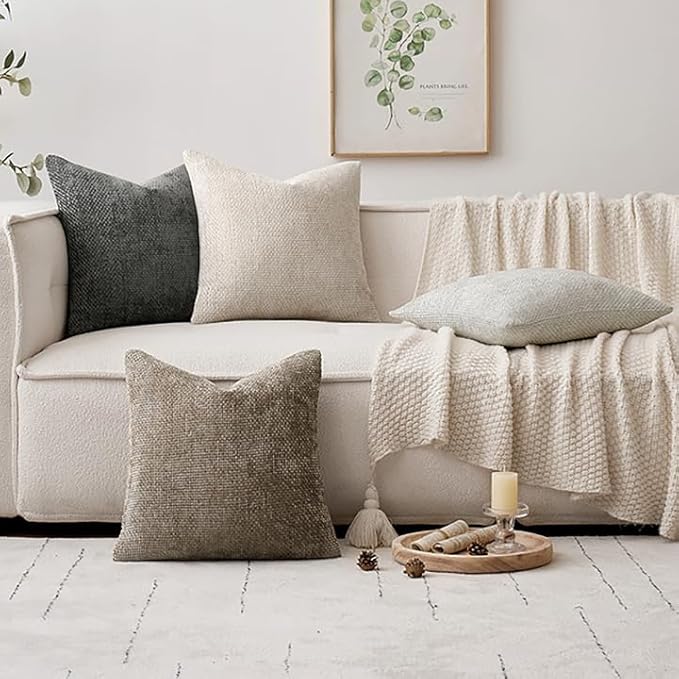 MIULEE Pack of 4 Couch Throw Pillow Covers 18x18 Inch Neutral Soft Decorative Chenille Pillow Covers Farmhouse Boho Cushion Covers for Mid Century Modern Home Decor Sofa Bedroom Living Room