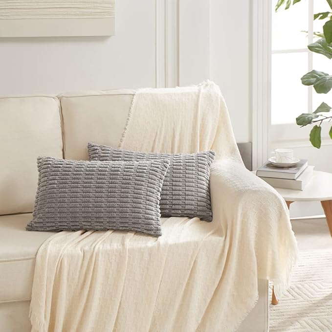 Fancy Homi Gray Decorative Throw Pillow Covers 14x24 Inch for Living Room Couch Bed Sofa, Rustic Farmhouse Boho Home Decor, Soft Striped Corduroy Square Cushion Case 35x60 cm