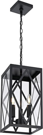 15.7'' Outdoor Pendant Light for Porch 3-Lights Metal Black Outdoor Chandelier Exterior Hanging Porch Light Fixtures w/Clear Glass, Outside Pendant Lantern for Front Door Entryway, E12 Base