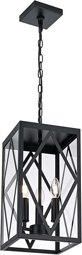 15.7'' Outdoor Pendant Light for Porch 3-Lights Metal Black Outdoor Chandelier Exterior Hanging Porch Light Fixtures w/Clear Glass, Outside Pendant Lantern for Front Door Entryway, E12 Base