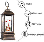 Christmas Snow Globe Lantern Water Glittering Cardinal & Church with Music & Timer, USB Lined/Battery Operated Lighted Lantern for Christmas Festival Decoration Gifts