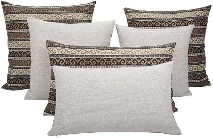 Kilim Throw Pillow Covers Khaki and Black - 14 x 24 Inches Decorative Lumbar Pillows, Retro Room Decor for Couch, Bohemian Outdoor Case for Farmhouse, Indian Cushions, Tribal Pattern