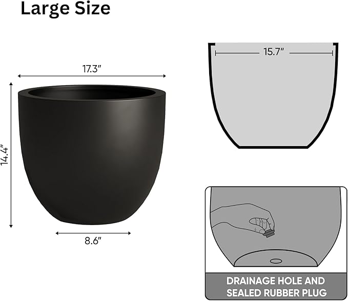 DTY Signature Mount Belford Lightweight and Durable Modern Fiberstone Egg Shaped Planter for Indoor Outdoor Drainage Hole & Rubber Plug Weather Resistant, 15" H x 18" Dia, 15.5" Opening - Large, Black