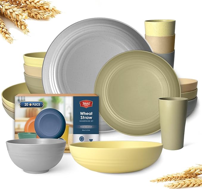 Teivio 20-Piece Kitchen Wheat Straw Dinnerware Set, Service for 4, Dinner Plates, Dessert Plate, Cereal Bowls, Pasta Bowls, Cups,Unbreakable Plastic Outdoor Camping Dishes, Khaki