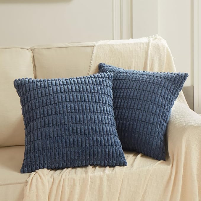 Fancy Homi Dusty Blue Decorative Throw Pillow Covers 22x22 Inch for Living Room Couch Bed Sofa, Rustic Farmhouse Boho Home Decor, Soft Striped Corduroy Square Cushion Case 55x55 cm