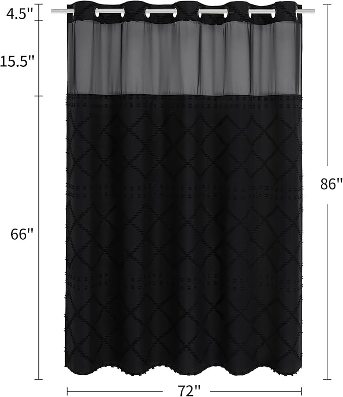 Boho Black Woven Fabric Shower Curtain 72 x 86 Modern Farmhouse, No Hooks Tufted Chevron Striped Shabby Chic Textured, Minimalist Cloth Curtain for Bathroom, Hotel Decor