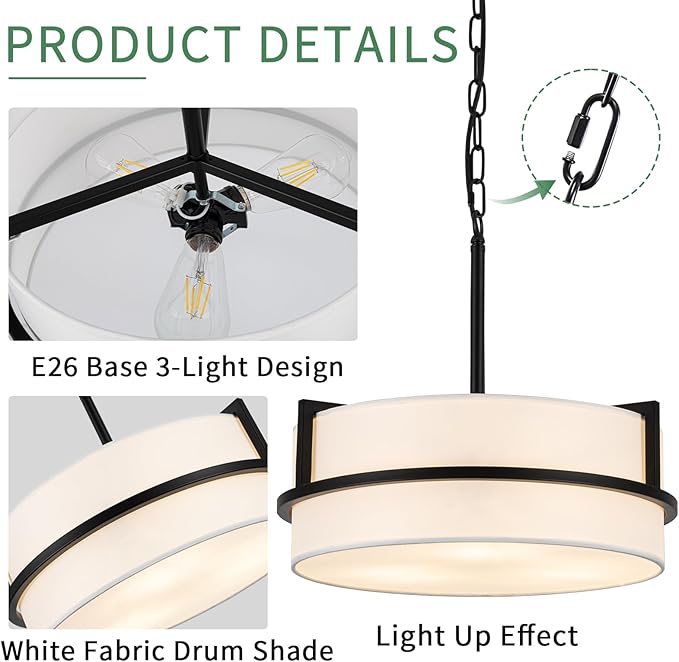 Modern Drum Chandelier for Dining Room 3 Light,15.7" Wide White Linen Drum Shade Ceiling Light Fixture,Pendant Lighting with Adjustble Hang Height Chandelier for Kitchen Islands Living Bedroom