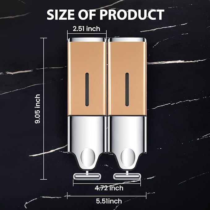 2-in-1 Quadrate Dispensers for The Shower,Shower soap Dispenser,Conditioner Dispenser, Shampoo Dispenser,No Drilled Wall Mounted Distributor,Hotel,Bathroom,Home (Double, Golden)