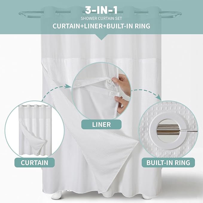 White No Hook Waffle Weave Shower Curtain with snap-in Liner Replacement, 230GSM Waterproof Fabric Hotel Shower Curtain Set for Bathroom, Through Mesh Top Window,60Wx86H
