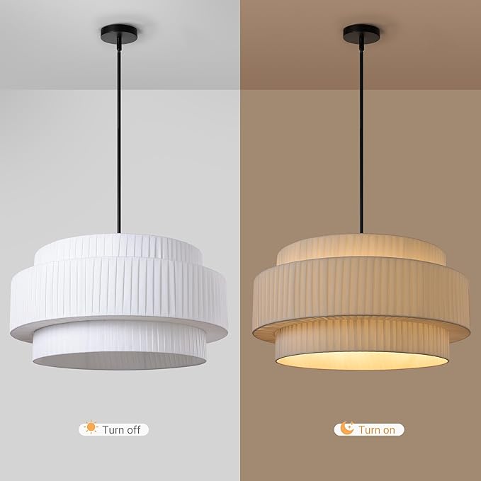 LamQee 23.6inch Farmhouse Fabric Chandelier,3-Tier Large Ceiling Light Fixture Height Adjustable with Round Fabric Shade Modern Pendant Light Dining Room Light Fixtures Over Table