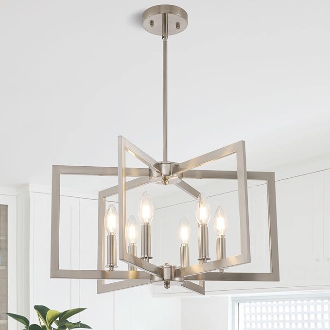 Dining Room Light Fixture, 6-Light Brushed Nickel Chandelier Modern Metal Industrial Chandelier Lighting for Farmhouse Living Room Kitchen Entryway (Nickel, E12 Bulbs Not Included)