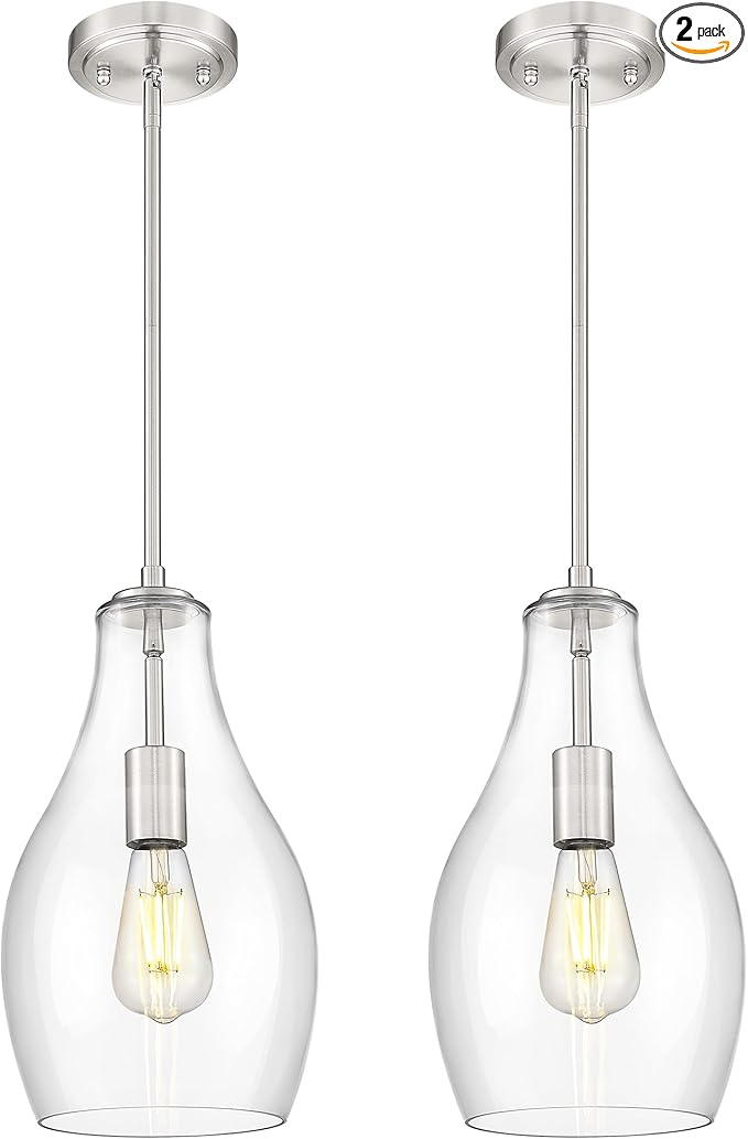 2-Pack Pendant Lights Kitchen Island, 8" Brushed Nickel Hanging Light Fixtures with Clear Glass Shade, Modern Large Kitchen Pendant Lighting Over Island for Dining Room, AD-25045-2PB-SN