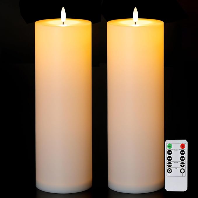 5plots 4" x 12" Waterproof Outdoor Flameless Candles Battery Operated LED Large Pillar Candles with Remote and Timer for Indoor Outdoor Lanterns, Long Lasting, White, Set of 2