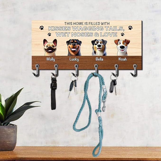 Personalized Dog Leash Holder for Wall Custom Dog Paw Cartoon Portrait with Name Key Hanger for Entryway Family Wall Mounted Pet Stuff Organizer Housewarming Home Decor Gifts for Pet Lovers