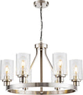 6 Light Wagon Wheel Chandelier Brushed Nickel Modern Dining Room Light Fixture Pendant Lighting for Living Room Kitchen Island Foyer Bedroom, Adjustable Height Metal E26 Base with Glass Shade