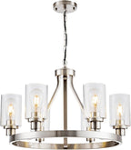 6 Light Wagon Wheel Chandelier Brushed Nickel Modern Dining Room Light Fixture Pendant Lighting for Living Room Kitchen Island Foyer Bedroom, Adjustable Height Metal E26 Base with Glass Shade