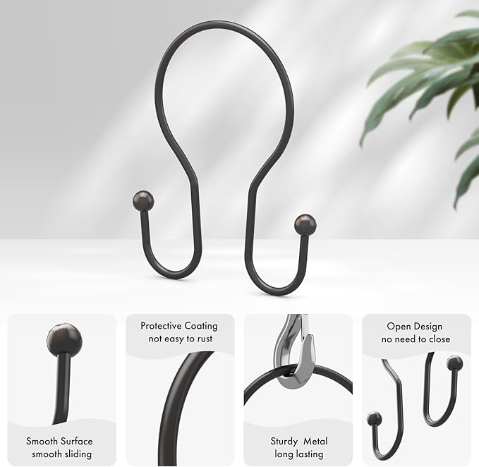 AmazerBath Bronze Shower Curtain Hooks Shower Curtain Rings, Simple Double Hook Shower Curtain Hooks Rust Proof, Metal Smooth Glide Shower Hooks for Shower Curtain Rod, 12 Pcs Shower Rod Hooks