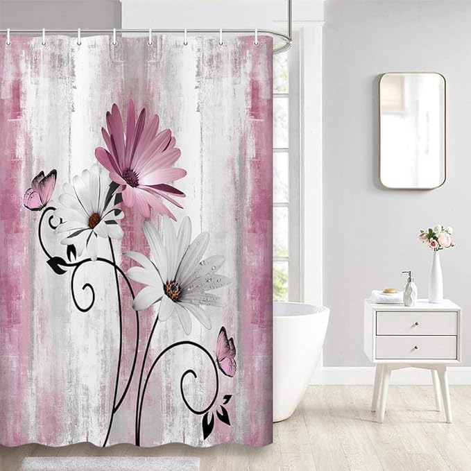 Rustic Farmhouse Shower Curtain, Farm Pink Daisy Floral Flowers and Butterfly on Country Wooden Shower Curtain for Bathroom, Pink Grey Bathroom Shower Curtains with 12PCS Hooks, 48X70IN