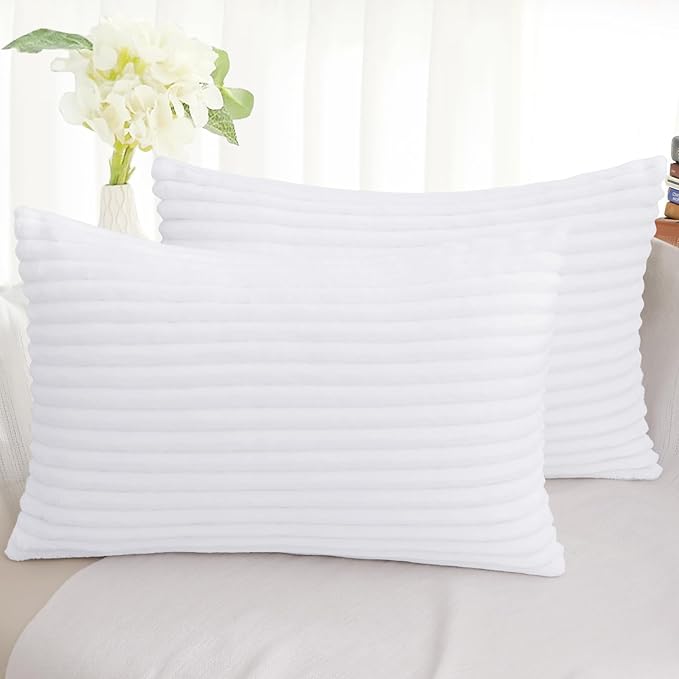 Simmore Decorative Fall Throw Pillow Covers 12x20 Set of 2, Soft Natural Plush Flannel Double-Sided Fluffy Lumbar Pillow Covers for Couch Sofa Living Room, White